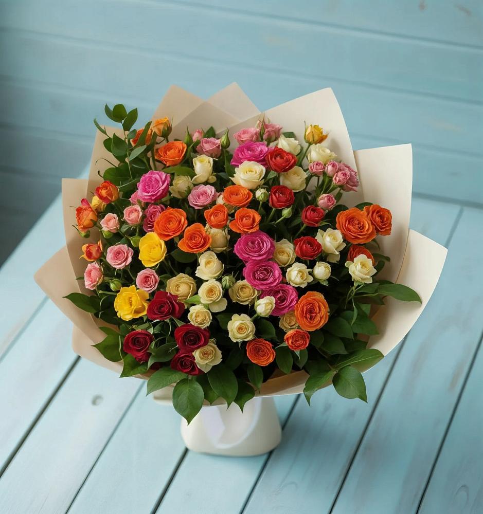 Букет Микс из разноцветных кустовых роз в Успенском Новгородской области