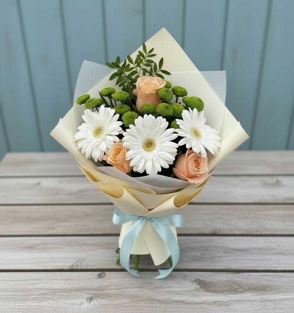 Букет цветов из: Герберы, Розы и Хризантемы в Успенском Новгородской области