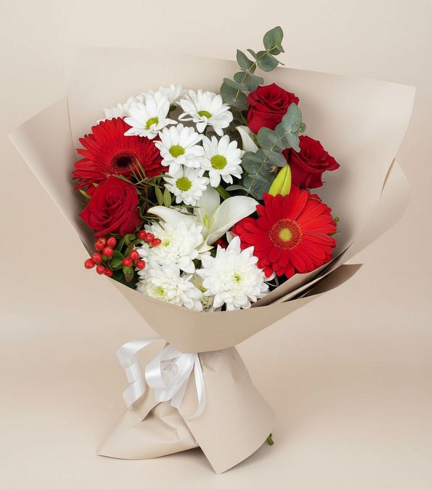 Букет цветов из: Розы, Хризантемы, Герберы и Лилии в Успенском Новгородской области