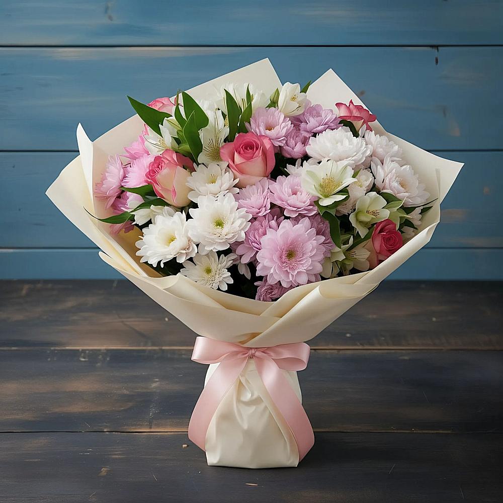 Букет цветов из: Хризантемы, Альстромерии и Розы в Успенском Новгородской области